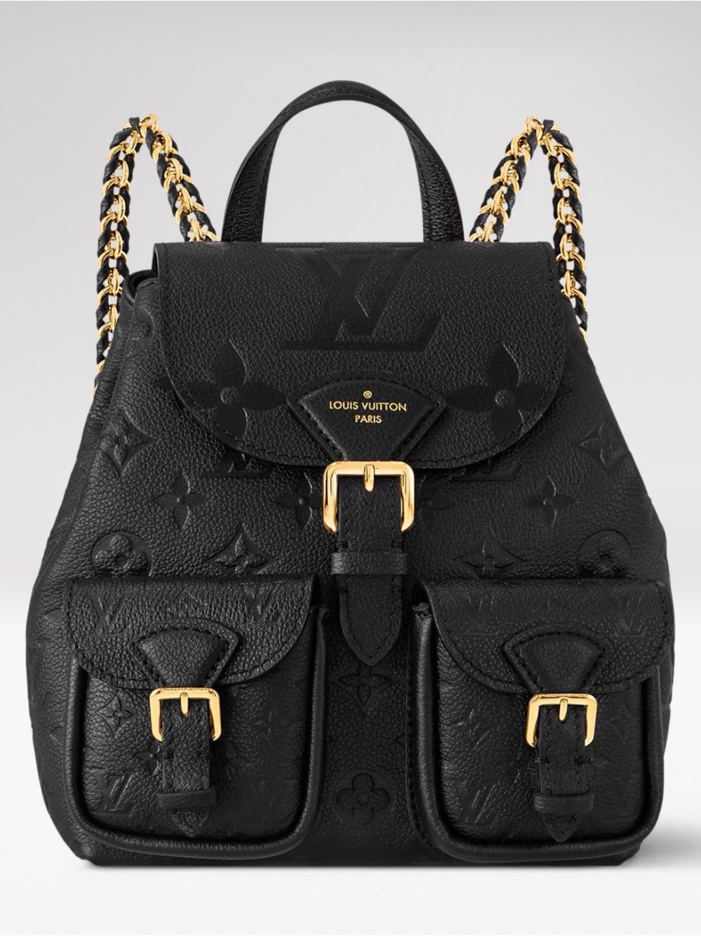 Louis Vuitton Black Monogram Embossed Leather Backpack with Gold Chain Straps